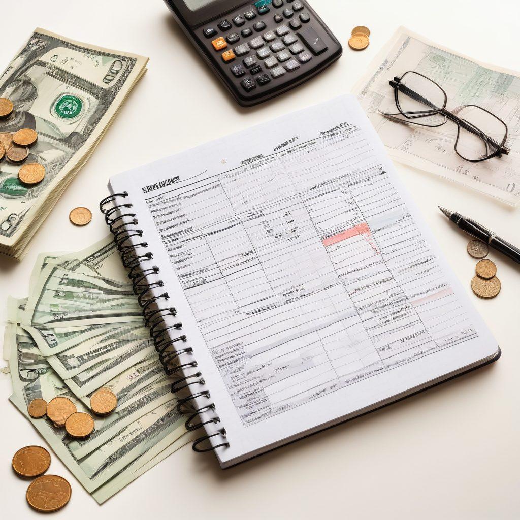 An open notebook with a pen, featuring a financial analysis chart and a personal budgeting plan alongside a calculator, surrounded by coins and dollar bills, symbolizing financial literacy. The background should include soft, warm lighting that evokes a sense of clarity and organization. Modern and inviting. super-realistic. vibrant colors. white background.
