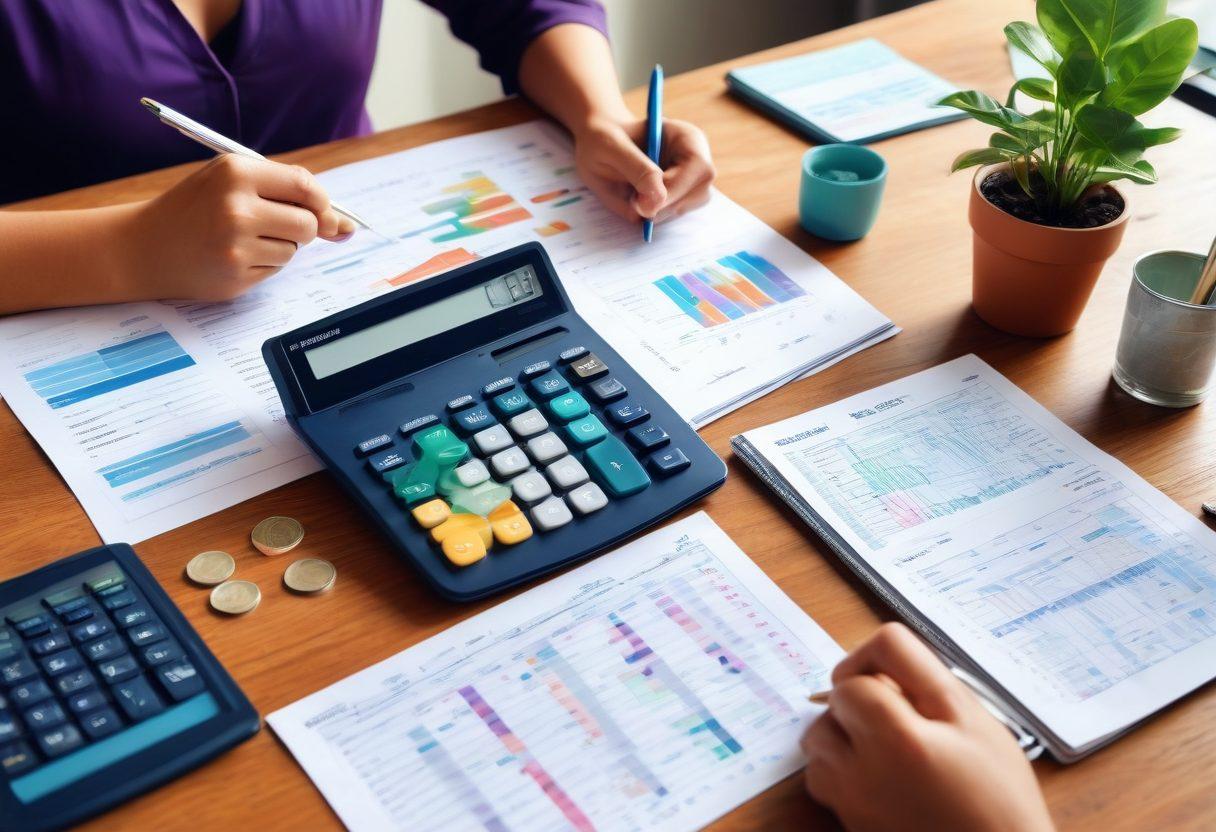 A serene workspace featuring a diverse group of people collaborating over financial charts and budgets. Include elements like a calculator, stacks of coins, and a chalkboard with money management tips. The environment should be bright and inviting, symbolizing financial wellness and teamwork. Use vibrant colors to give a dynamic and motivational feel. vector art. bright colors.