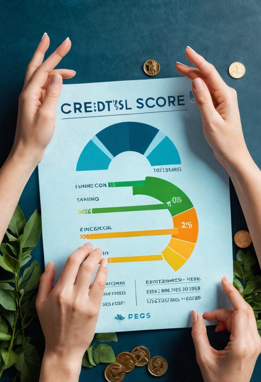 A serene set of hands holding a glowing credit score report, surrounded by floating coins and greens, symbolizing growth and prosperity. In the background, soft graphs and charts depict upward trends, hinting at smart money management. A sunbeam highlights the words 'Financial Wellness' in an elegant font. The color palette features calming blues and vibrant golds, creating an inviting atmosphere. vibrant colors. soft focus.
